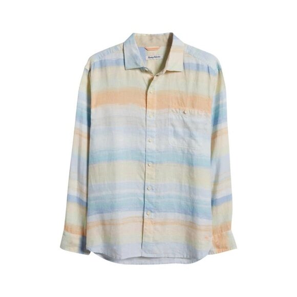 Tommy Bahama Sun Harbor Stripe Linen Long Sleeve Shirt Men's Small Palace Blue